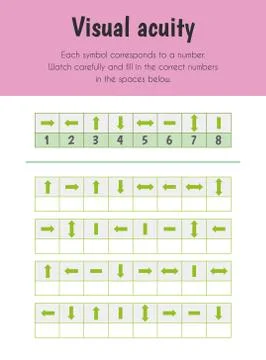 Visual acuity Educational Sheet. Primary module for Attention and Perception. Illustrazione stock