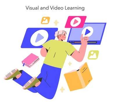 Visual and Video Learning concept A curious student interacts with multimedia Stock Illustration