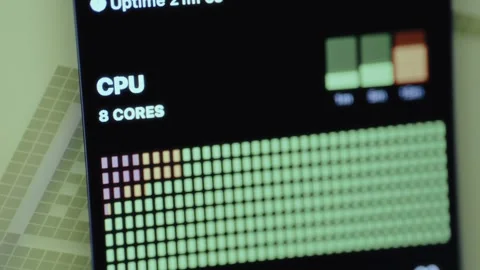 Visual bar graph indicating the activity levels for each core of the CPU Stock Footage 327473604