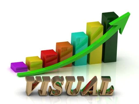 VISUAL bright of gold letters and Graphic growth and green arrows on white ba Stock Illustration