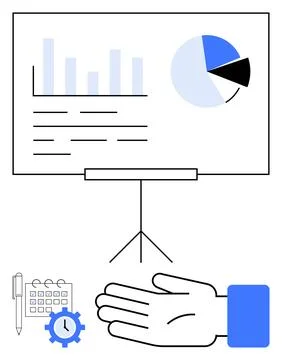 Visual Business Presentation Concept with Graphs, Charts, Hand Gesture, Calendar Stock Illustration