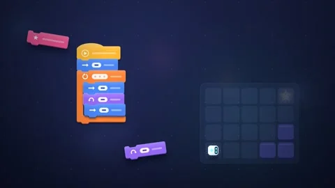 Visual Coding Blocks Snapping Together to Program a Robot Stock Footage 348004692