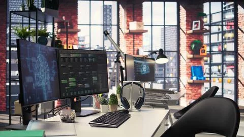 Visual coding interface active on a modern dual monitors setup Foto stock