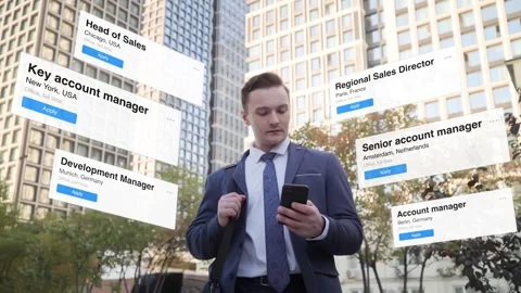 Visual concept of a man looking for a job on a smartphone Stock Footage 264116026