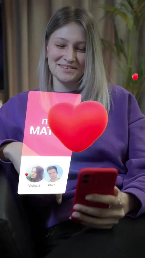 Visual concept of the young woman using dating app on smartphone Stock Footage 267412217