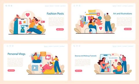 Visual Content set. Influencers sharing fashion, artistry, personal stories, and Illustrazione stock