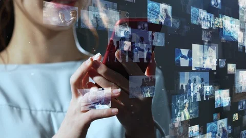 Visual contents concept. Social networking service. Streaming video. Stock Footage 124727073