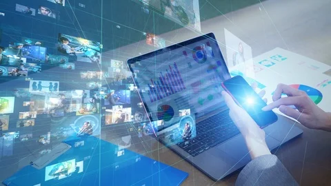 Visual contents concept. Social networking service. Streaming video. communicati Stock Footage 125200976