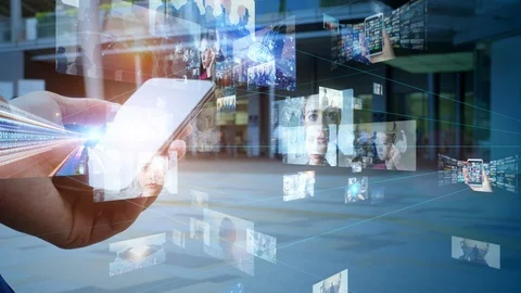 Visual contents concept. Social networking service. Streaming video. Stock Footage 128097337