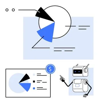 Visual Data Analytics with a Robot Assistant Interpreting Finances and Pie .. Illustrazione stock