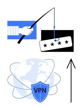 Visual Depiction of Online Security Risks and VPN Protection on Global Scale Stock Illustration
