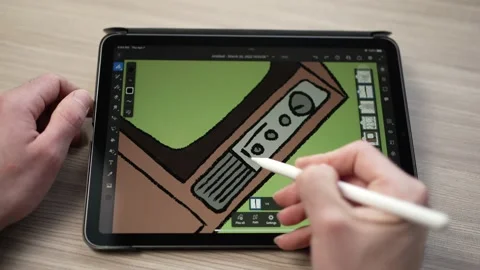 Visual Digital Artist Using a Tablet Screen To Draw With a Pencil Stock Footage 177742905