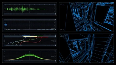Visual display: 3D schematic scans of the ISS, readouts and indicators Video stock 119790489