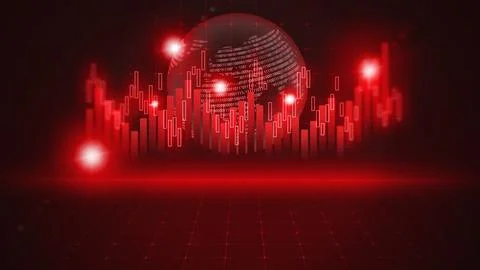 Visual display of digital sound waves and data in red color scheme with globe Stock Illustration
