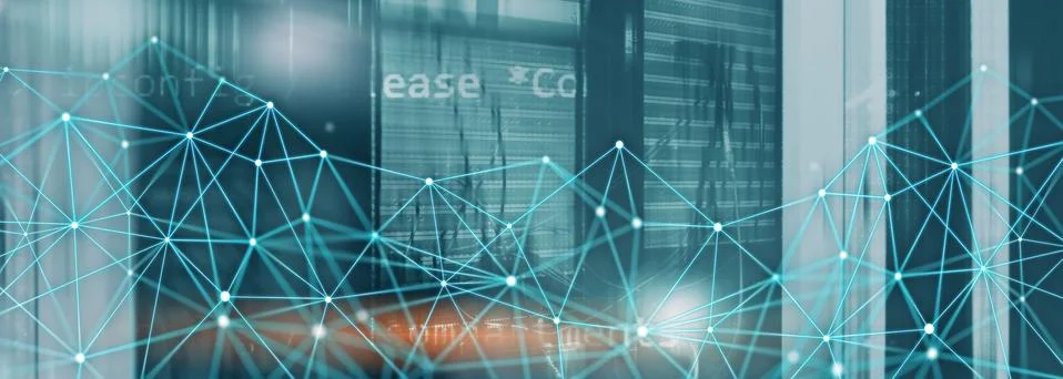 Visual Effect Connection network in servers data center room. Elongated Stock Illustration