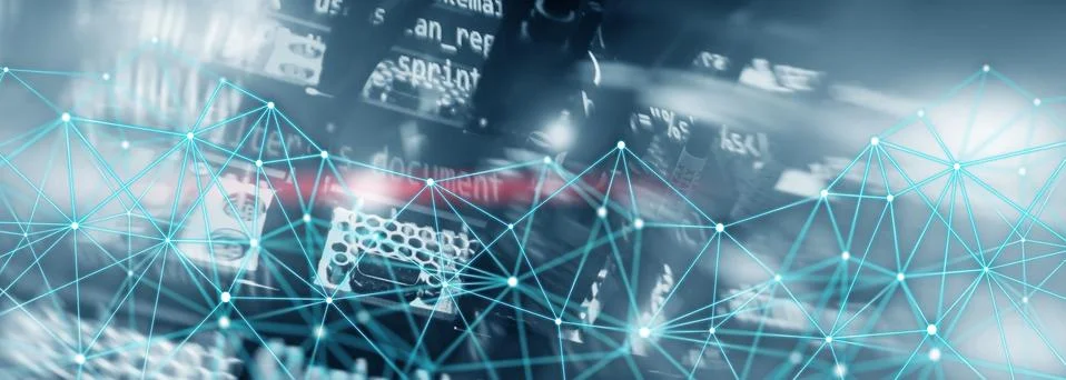 Visual Effect Connection network in servers data center room. Elongated Stock Photos