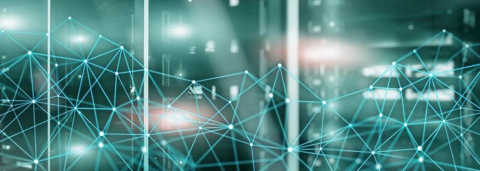 Visual Effect Connection network in servers data center room. Elongated Stock Photos