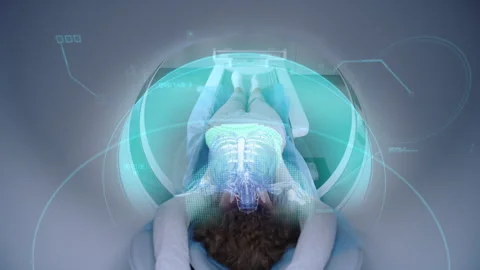 Visual effects of MRI or CT scanning female patient brain and body Stock Footage 268191185