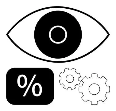 Visual Elements with Eye, Percentage Sign, and Gears Symbolizing Analysis a.. Stock Illustration