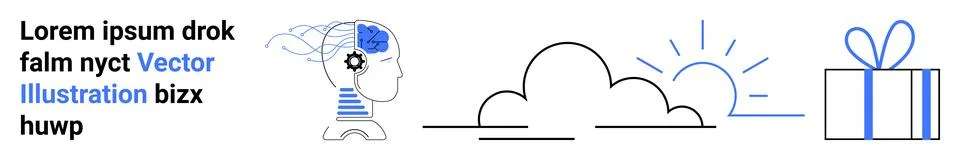 Visual Elements of Human Head, Clouds, Sun, Text, and a Present Box in Mini.. Illustrazione stock