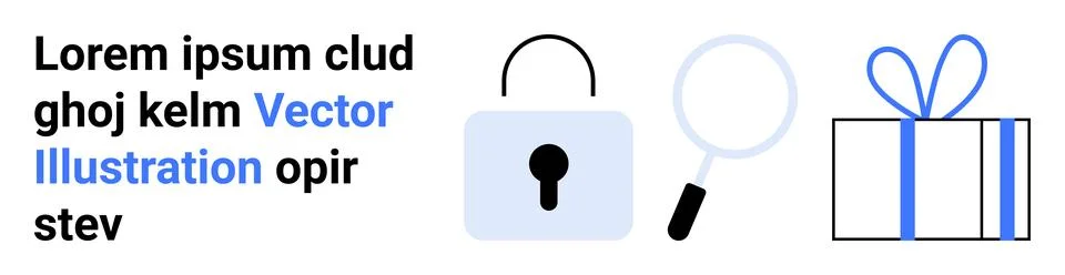 Visual Elements of Lock, Magnifying Glass, and Gift Box with Placeholder Text Illustrazione stock