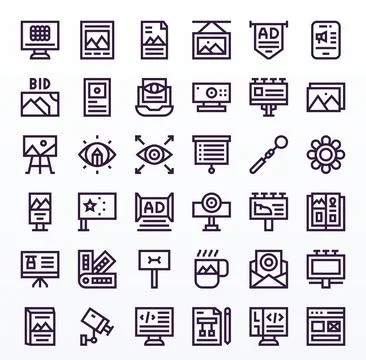 Visual Essential Vector Set including 36 Grid Fitted Bold Line 128x128 Icons Stock Illustration