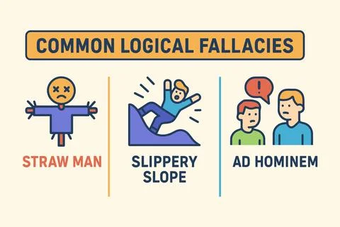 Visual examples of common logical fallacies in arguments and reasoning Stock Illustration