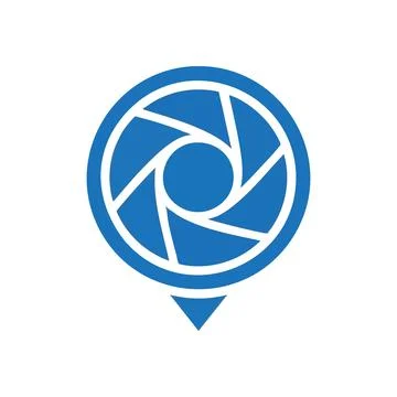 (Visual Focus Location Pin. Modern graphic of a deep blue camera lens diaph.. Stock Illustration