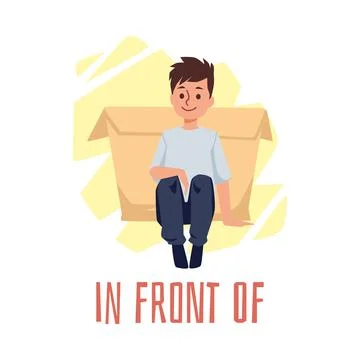 Visual of in front of preposition of place, flat vector illustration isolated. 库存插图