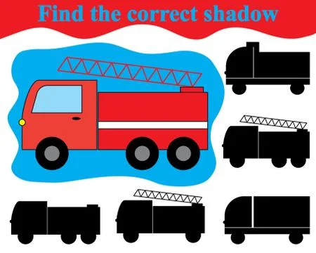 Visual game for children. Find the correct shadow of fire engine (transport). Stock Illustration