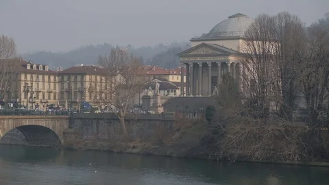 Visual of the Gran Madre di Dio in Turin. Tourists walking along the Po River. Stock Footage 124923980