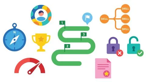 Visual guide icons for goals progress and skill development including compa.. 스톡 일러스트