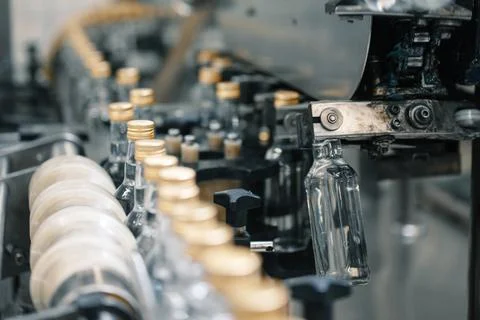 Visual inspection of bottles with vodka Stock Photos