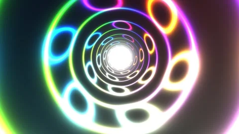 Visual journey through colorful circular patterns and light Stock Footage 337968680