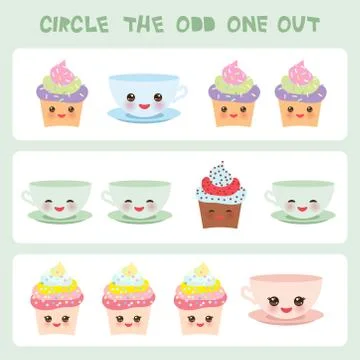 Visual logic puzzle Circle the odd one out. Kawaii colorful cupcake coffee cu Stock Illustration