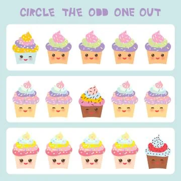 Visual logic puzzle Circle the odd one out. Kawaii colorful cupcake with pink Stock Illustration