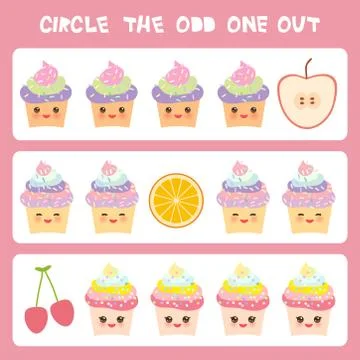 Visual logic puzzle Circle the odd one out. Kawaii colorful cupcake apple ora Stock Illustration