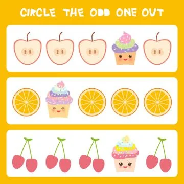 Visual logic puzzle Circle the odd one out. Kawaii colorful cupcake apple ora Stock Illustration