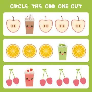 Visual logic puzzle Circle the odd one out. Kawaii colorful apple coffee smoo Stock Illustration