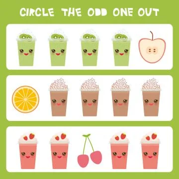 Visual logic puzzle Circle the odd one out. Kawaii colorful apple coffee smoo Stock Illustration