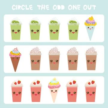 Visual logic puzzle Circle the odd one out. Kawaii colorful coffee kiwi straw Stock Illustration