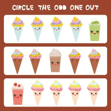 Visual logic puzzle Circle the odd one out. Kawaii colorful coffee kiwi straw Stock Illustration