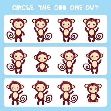 Visual logic puzzle Circle the odd one out. Kawaii brown monkey with pink che Illustrazione stock