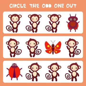 Visual logic puzzle Circle the odd one out. Kawaii brown monkey with pink che Stock Illustration