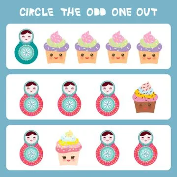 Visual logic puzzle Circle the odd one out. Kawaii colorful cupcake Russian d Stock Illustration