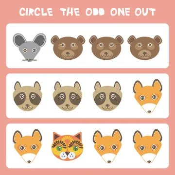 Visual logic puzzle Circle the odd one out. Kawaii animals Mouse bear raccoon Illustrazione stock