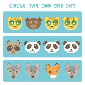 Visual logic puzzle Circle the odd one out. Kawaii animals fox raccoon panda  Stock Illustration