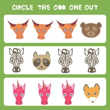 Visual logic puzzle Circle the odd one out. Kawaii animals cow bear raccoon z Illustrazione stock