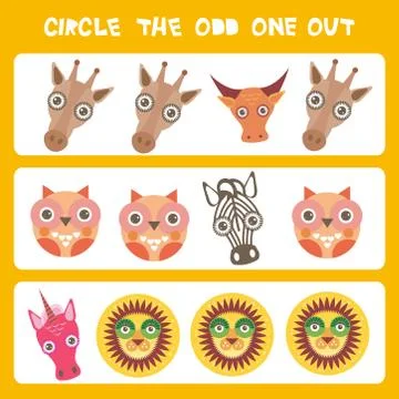 Visual logic puzzle Circle the odd one out. Kawaii animals cow zebra lion uni Stock Illustration