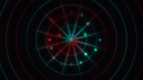 Visual pattern with colorful radial lines and dots on black background Stock Footage 340188494